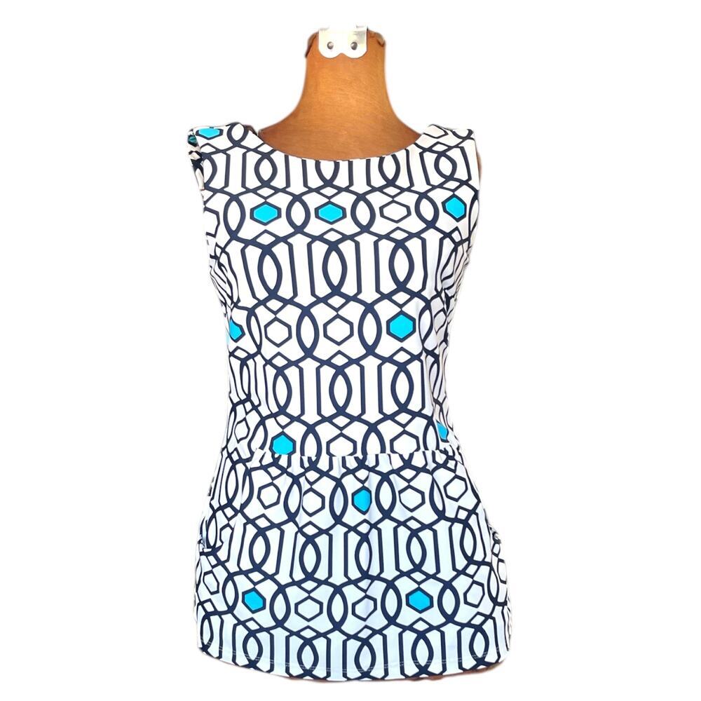 Jude Connally Sz S Graphic Print Peplum Top Stretch Career Casual Preppy Classic